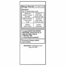 Back label of Guna-BDNF bottle showing drug facts, directions for dosage by age, adverse reaction reporting information, and 