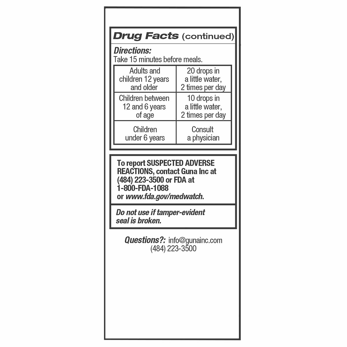 Back label of Guna-BDNF bottle showing drug facts, directions for dosage by age, adverse reaction reporting information, and 