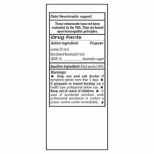 Product label for Guna-BDNF 1 oz liquid supplement showing drug facts, uses, ingredients, and warnings in black text on white