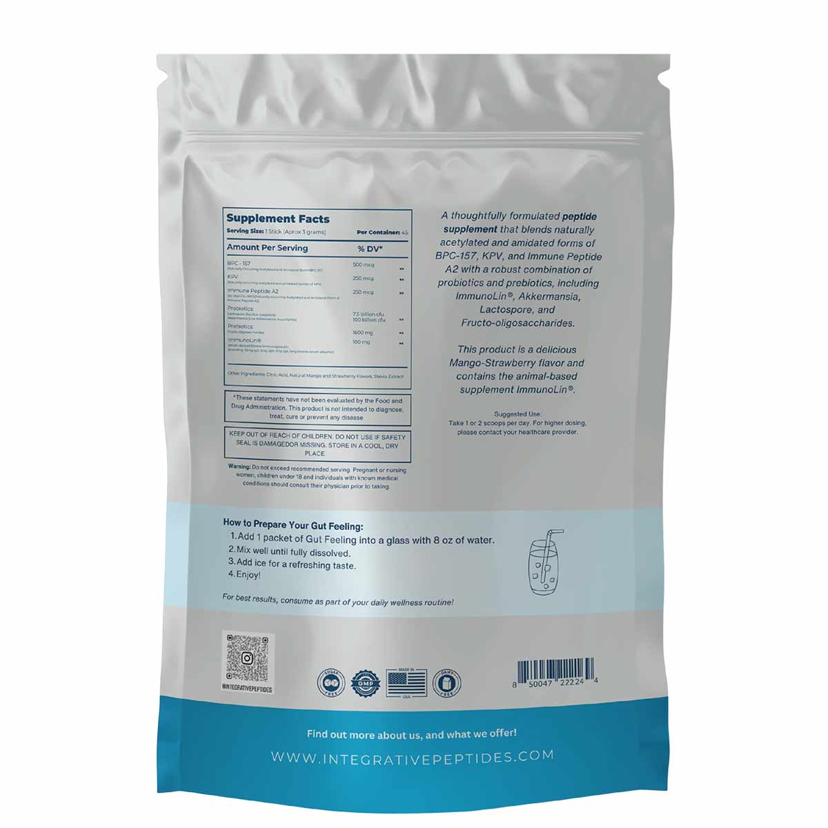 Back of white and blue sachets packet displaying supplement facts, ingredients, preparation instructions, and product informa
