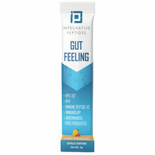 Integrative Peptides Gut Feeling travel sachet with mango strawberry flavor, 3g single serving packet.