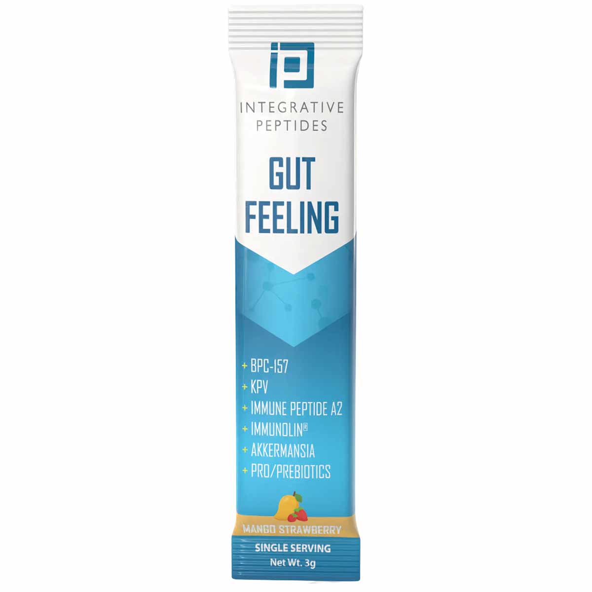 Integrative Peptides Gut Feeling travel sachet with mango strawberry flavor, 3g single serving packet.