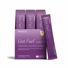 Purple Pendulum Gut Fuel packet box with individual sachets displayed, unflavored fiber supplement packets.