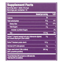 Purple supplement facts label showing serving size of 1 stick, 15 servings per container, with nutritional information and in