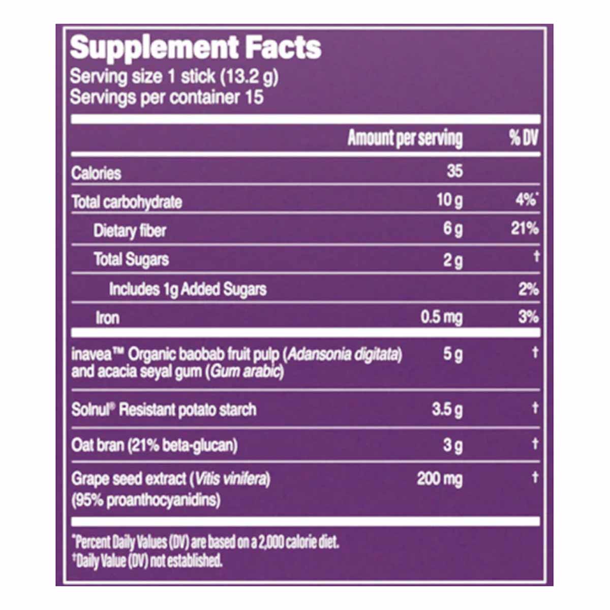 Purple supplement facts label showing serving size of 1 stick, 15 servings per container, with nutritional information and in