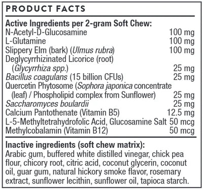 Thorne Vet gut health soft chews for animals containing glucosamine, glutamine, and probiotics, 180 count bottle.