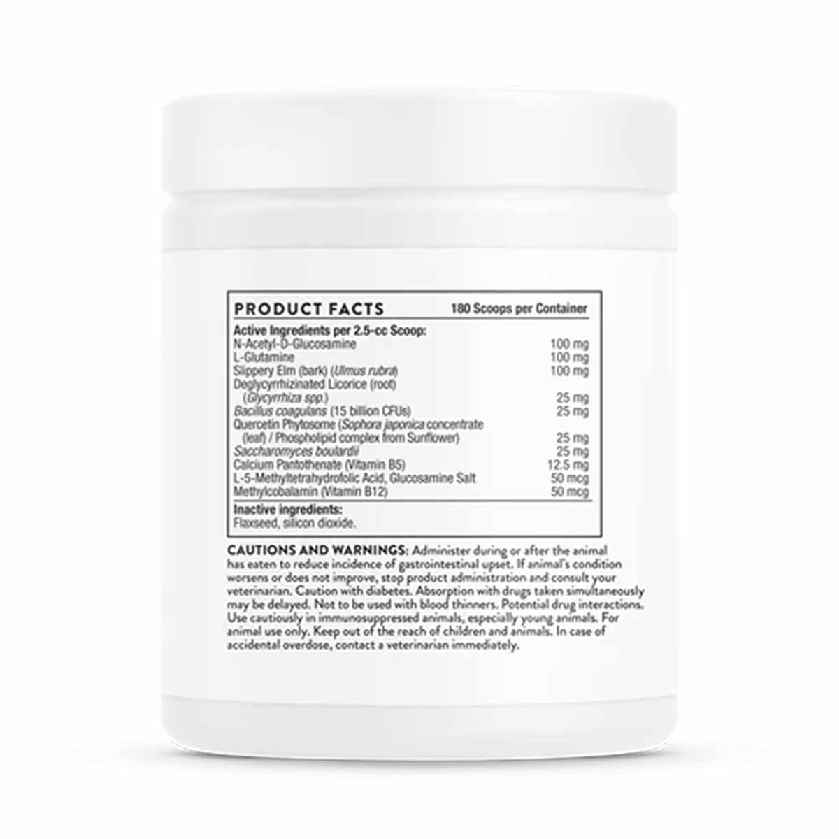 White plastic container with product facts label showing active ingredients and cautions for animal gut health powder.