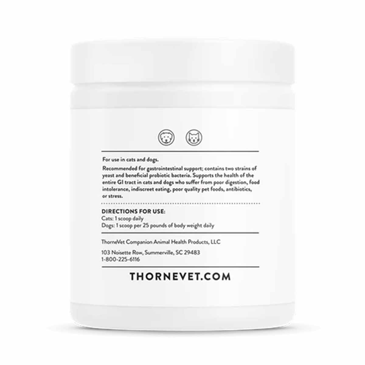 White powder container with white lid labeled Thorne Vet gut health formula, showing cat and dog icons and usage directions o