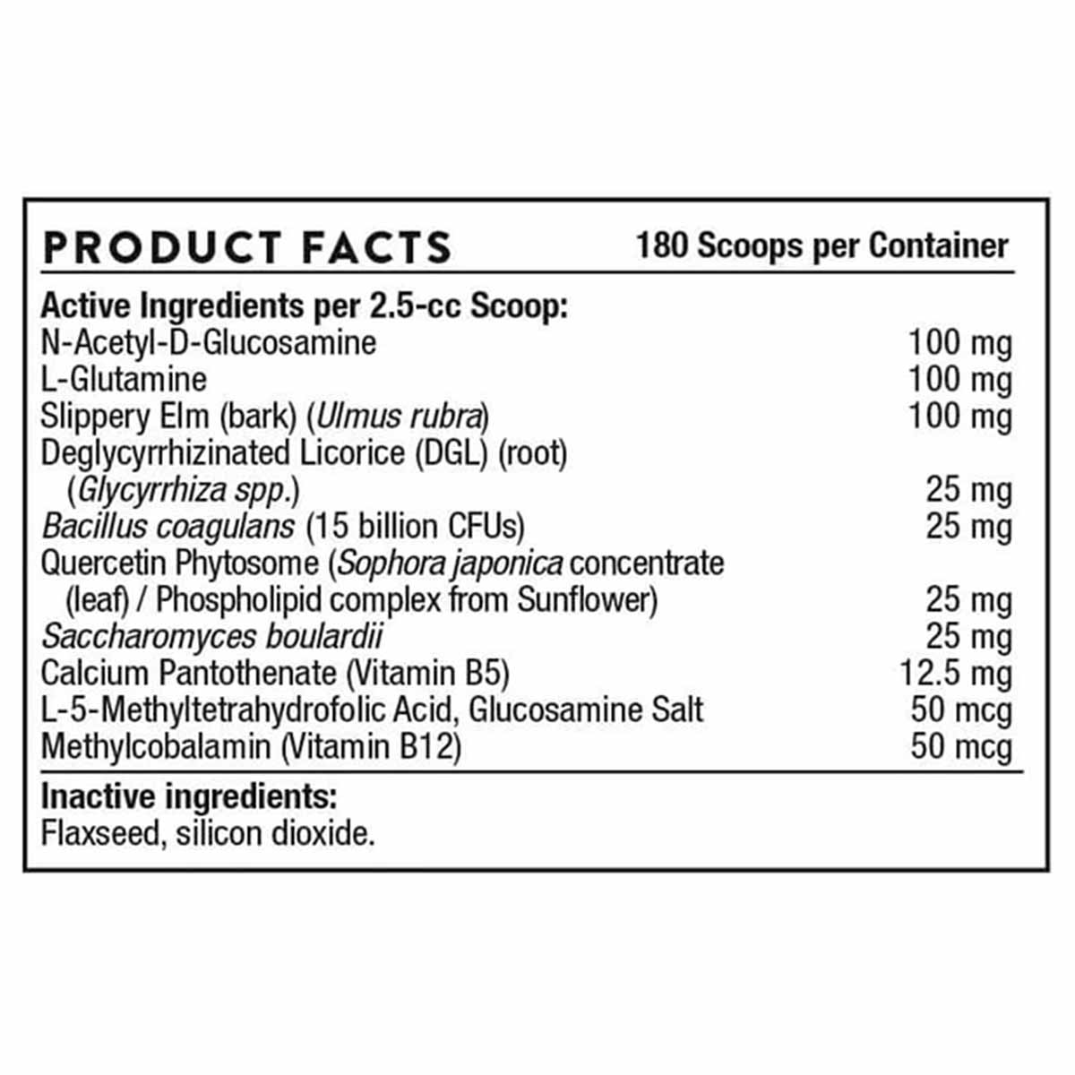 Product Facts label listing active and inactive ingredients for an animal gut health powder formula with 180 scoops per conta