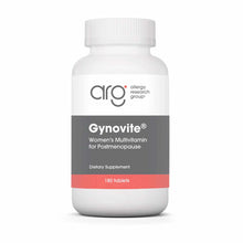 White plastic bottle labeled Gynovite Women's Multivitamin for Postmenopause by Allergy Research Group, containing 180 tablet