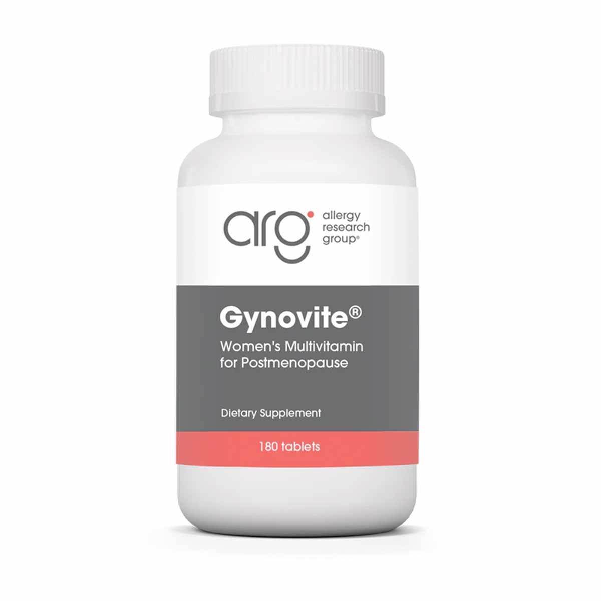 White plastic bottle labeled Gynovite Women's Multivitamin for Postmenopause by Allergy Research Group, containing 180 tablet