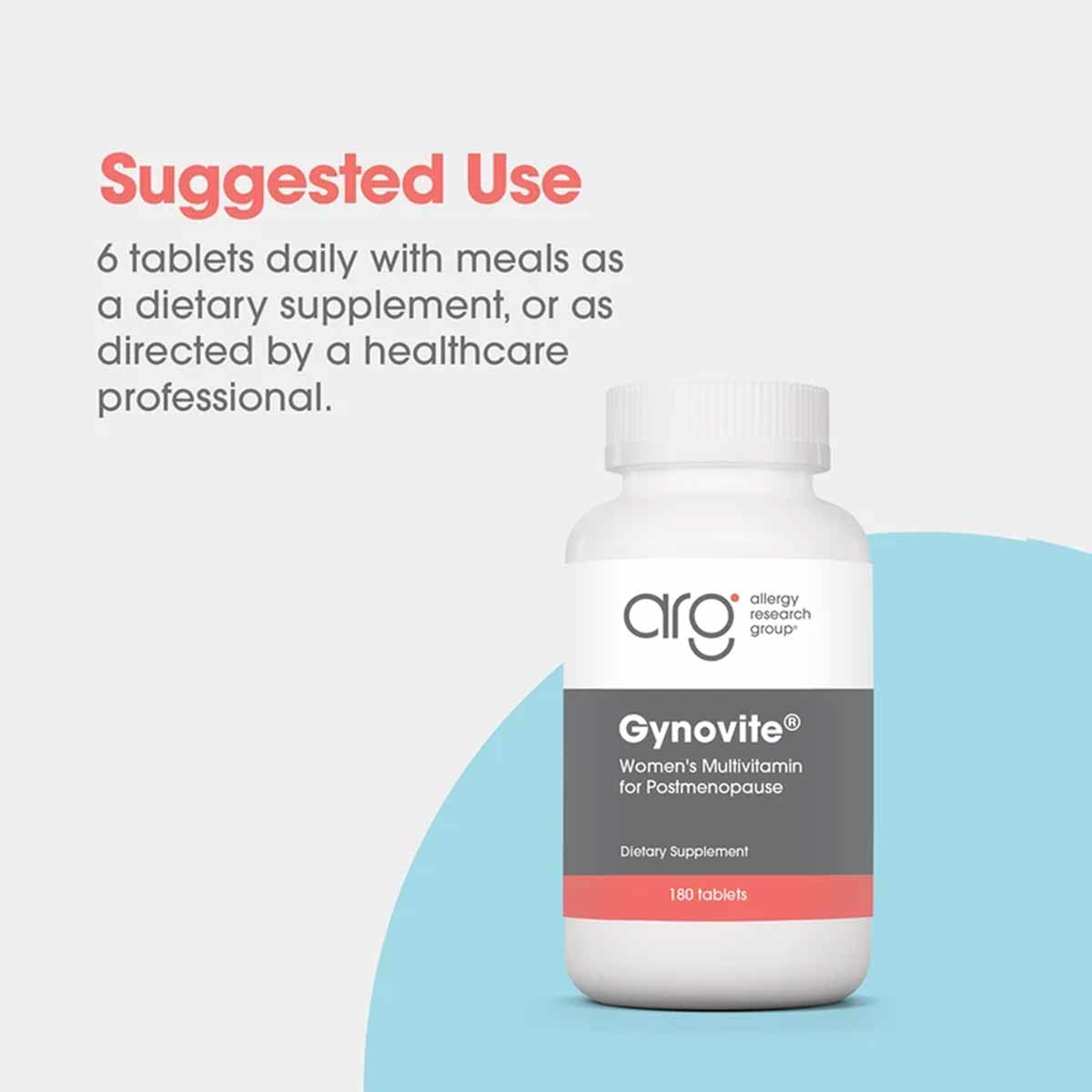 White bottle of Gynovite Women's Multivitamin for Postmenopause by Allergy Research Group containing 180 tablets.