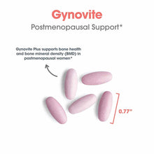 Five pink oval tablets labeled Gynovite for postmenopausal support, measuring 0.77 inches.
