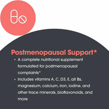 Bottle label for Gynovite postmenopausal support supplement tablets with nutritional information and ingredient list displaye