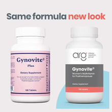 Gynovite Plus 180 tablets by Allergy Research Group, women's multivitamin for postmenopause in white bottle with pink and whi