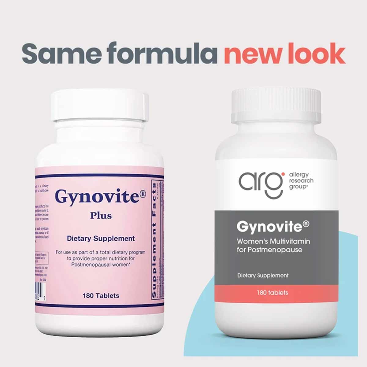 Gynovite Plus 180 tablets by Allergy Research Group, women's multivitamin for postmenopause in white bottle with pink and whi