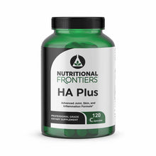 Green bottle of Nutritional Frontiers HA Plus dietary supplement with black screw cap and white label, containing 120 capsule