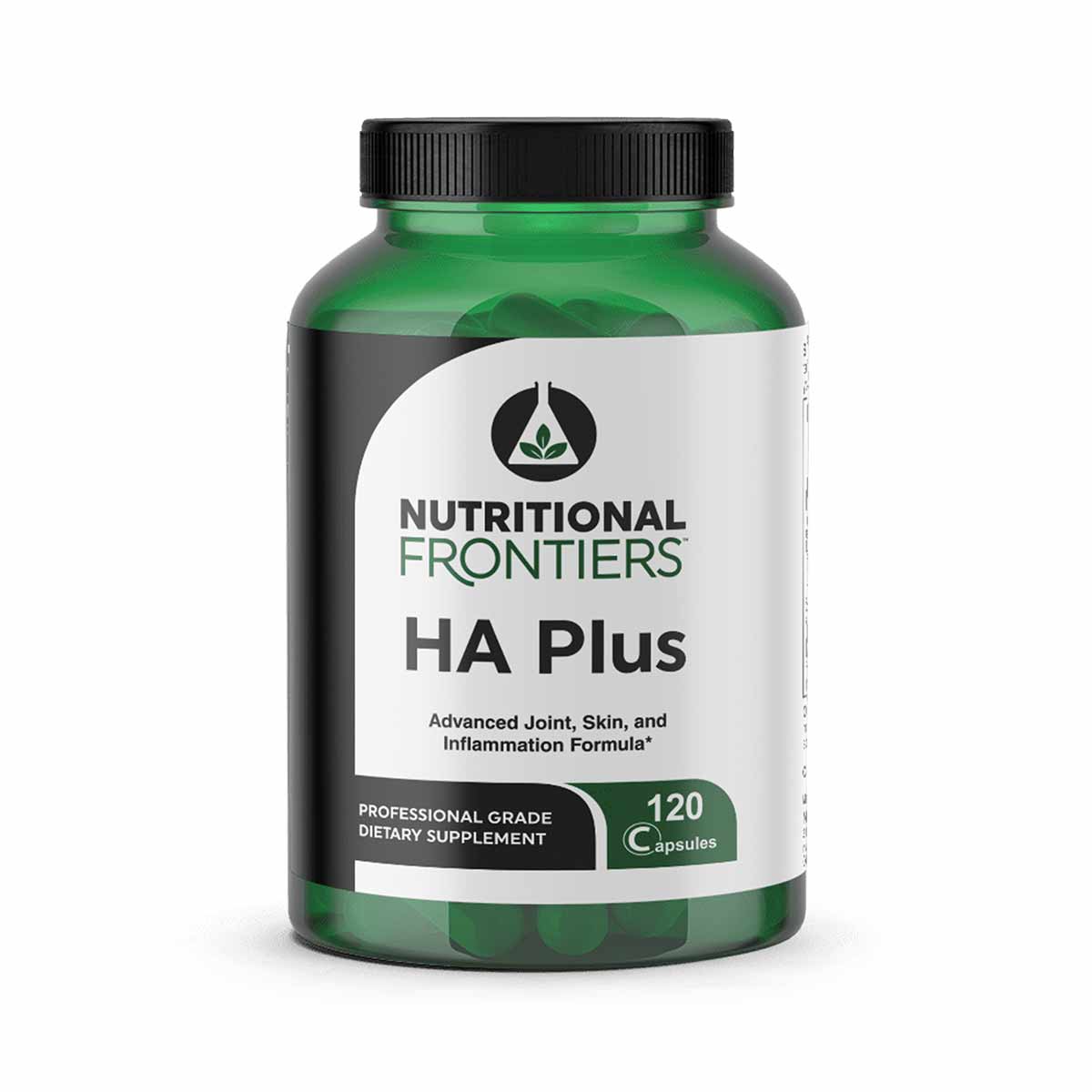 Green bottle of Nutritional Frontiers HA Plus dietary supplement with black screw cap and white label, containing 120 capsule