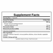 Supplement Facts label for HA Plus showing serving size of 2 capsules with collagen, hyaluronic acid, glucosamine, and MSM.