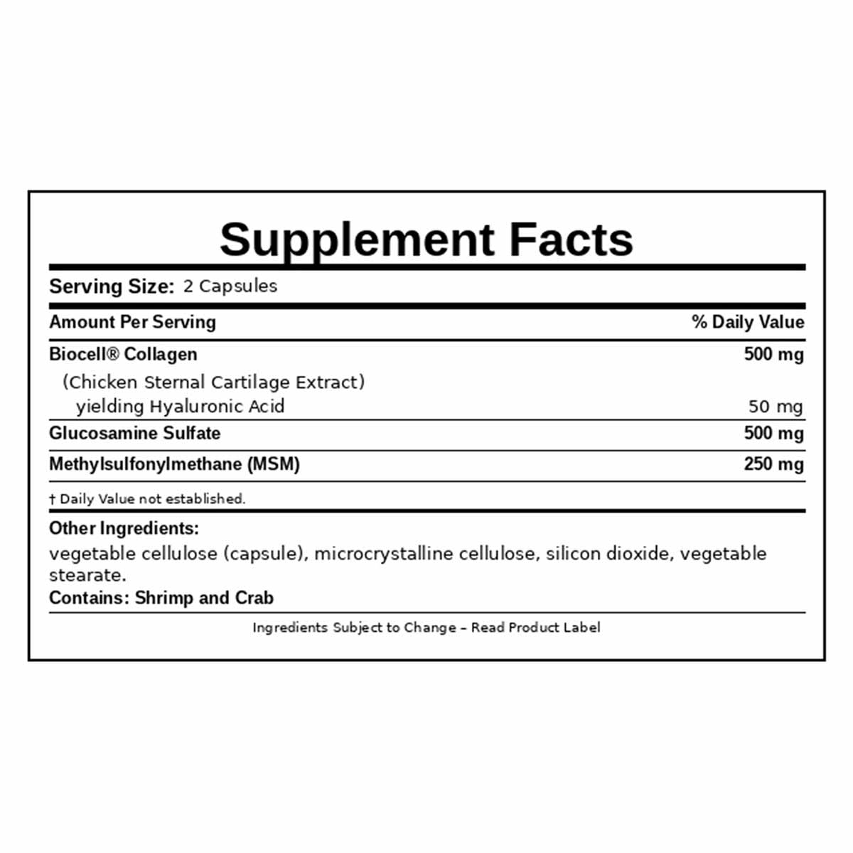 Supplement Facts label for HA Plus showing serving size of 2 capsules with collagen, hyaluronic acid, glucosamine, and MSM.