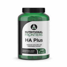 Green bottle of HA Plus dietary supplement by Nutritional Frontiers containing 240 capsules with black cap.