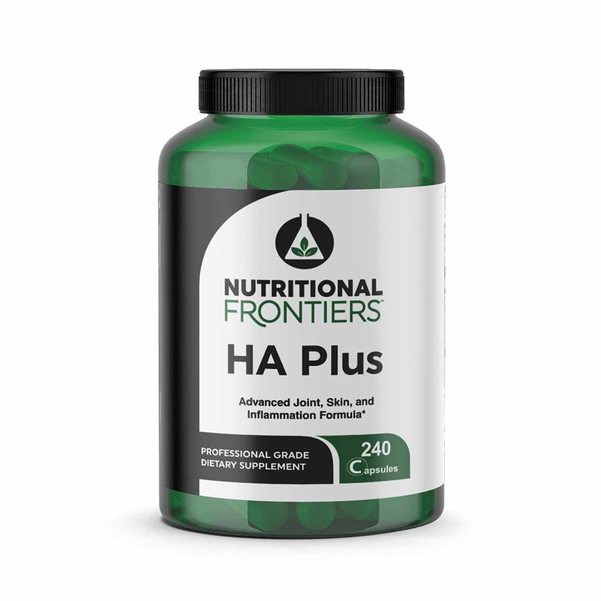 Green bottle of HA Plus dietary supplement by Nutritional Frontiers containing 240 capsules with black cap.