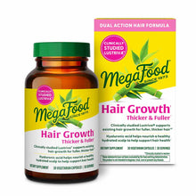 Megafood Hair Growth supplement bottle and box labeled "Thicker & Fuller" with 30 vegetarian capsules.