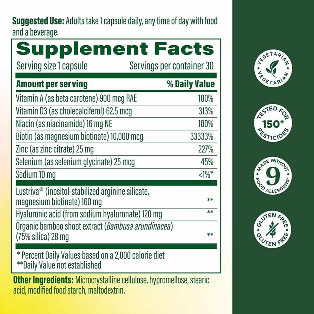 Supplement Facts label for Hair Growth capsules listing ingredients including biotin, zinc, selenium, hyaluronic acid, and ba