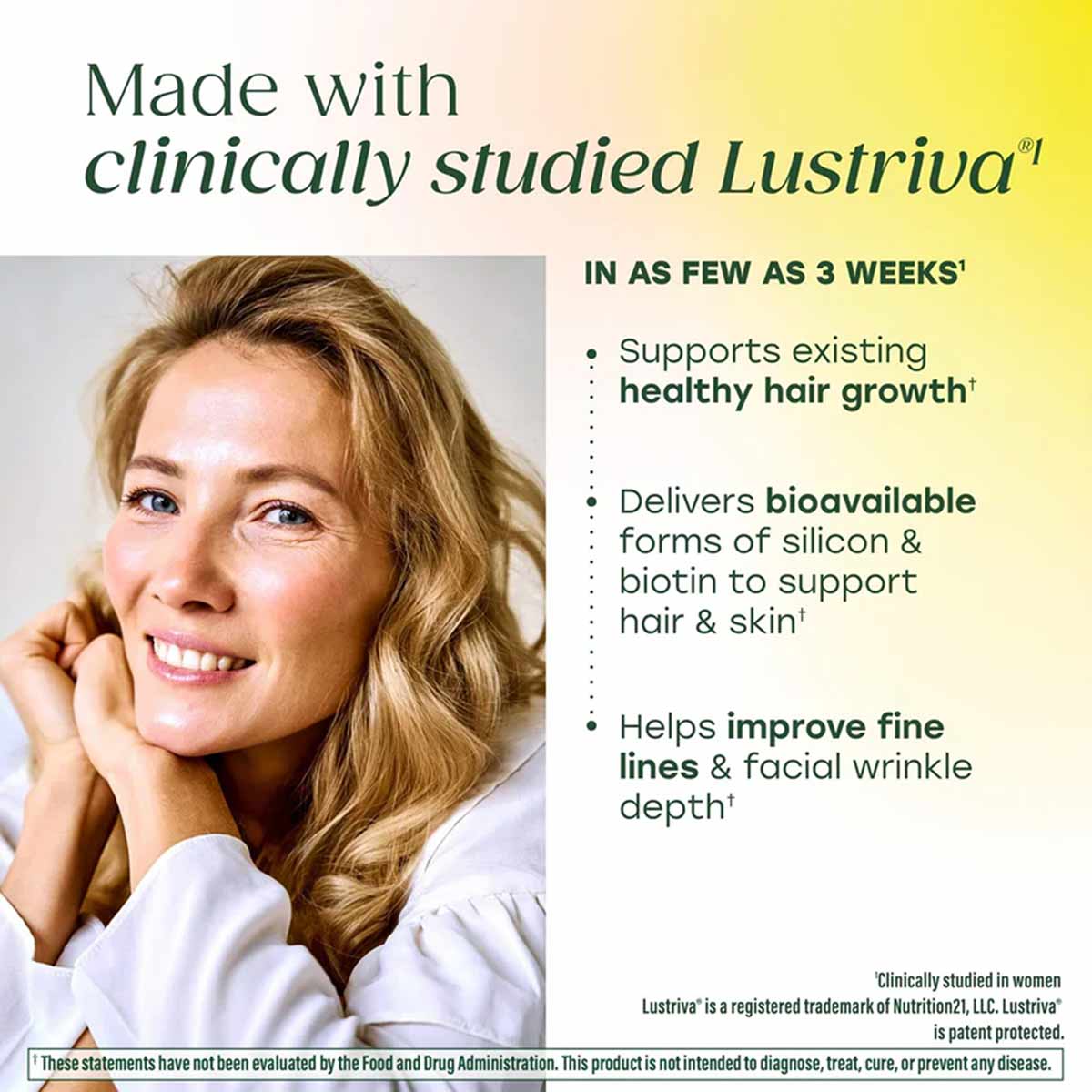 Woman with wavy blonde hair smiling at camera, wearing white shirt, with product benefits text on yellow background.