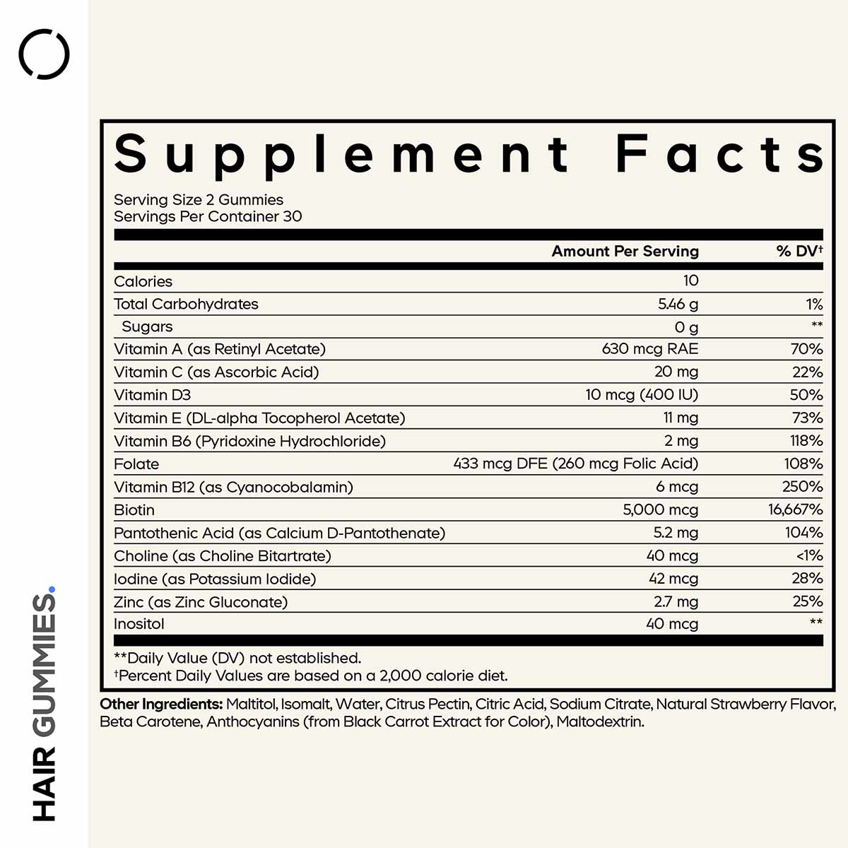 Supplement Facts label for hair gummies showing serving size, nutritional content, and ingredients including biotin, vitamins