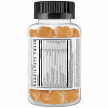 Clear glass bottle with black ridged cap containing peach-colored heart-shaped gummies and white supplement facts label.