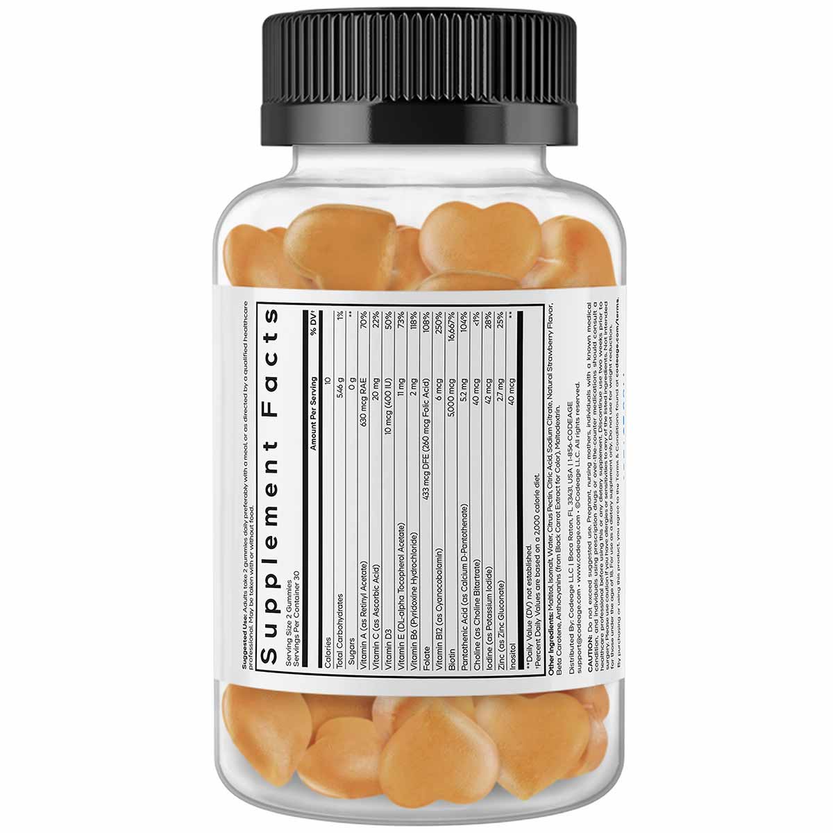 Clear glass bottle with black ridged cap containing peach-colored heart-shaped gummies and white supplement facts label.