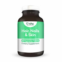 Dark glass bottle with green and white label containing 60 vegetarian tablets of Hair, Nails & Skin dietary supplement by Nat