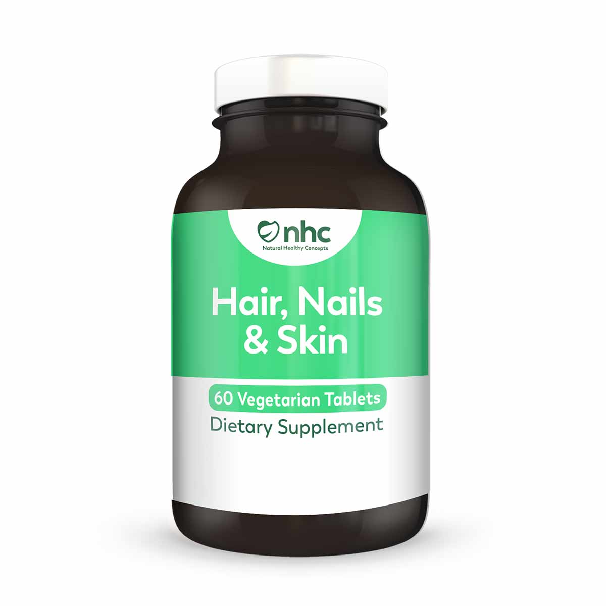 Dark glass bottle with green and white label containing 60 vegetarian tablets of Hair, Nails & Skin dietary supplement by Nat