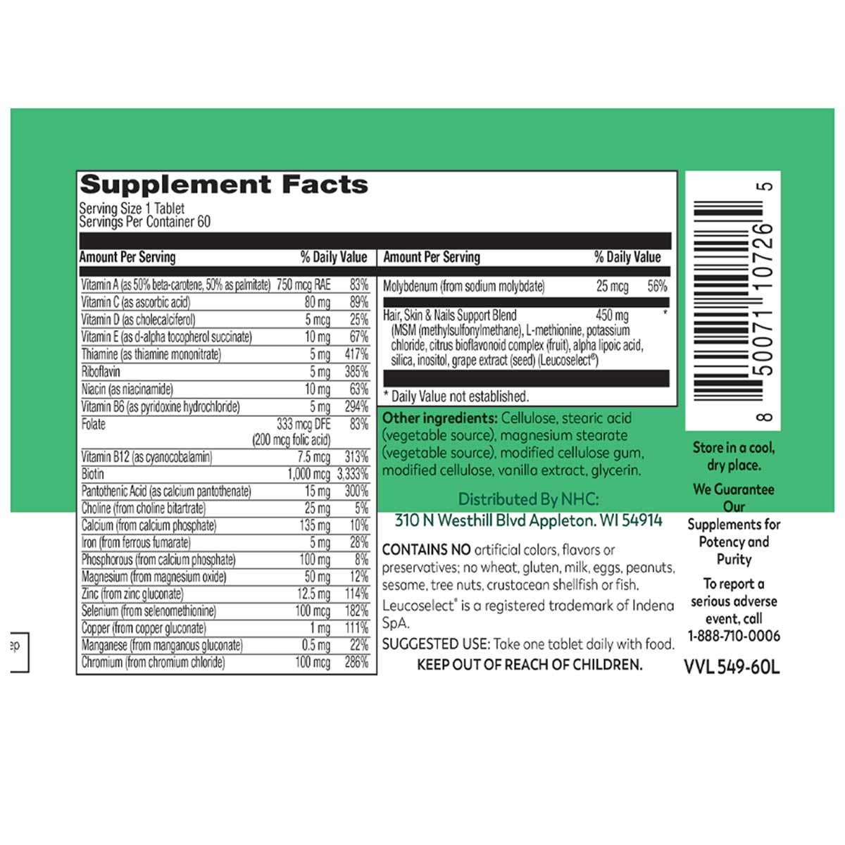 Supplement Facts label for Hair, Nails, & Skin tablets showing nutritional information, ingredients, and usage instructions o