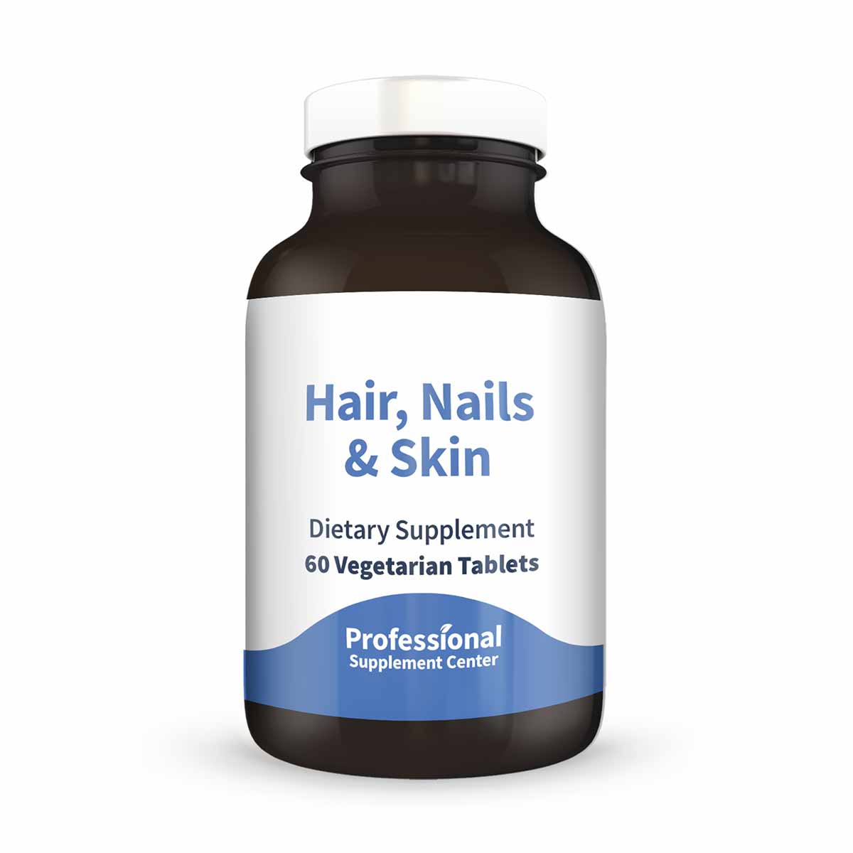 Dark glass bottle with white and blue label reading "Hair, Nails & Skin, Dietary Supplement, 60 Vegetarian Tablets" by Profes