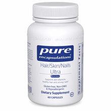White supplement bottle with blue Pure Encapsulations logo containing 60 capsules of Hair/Skin/Nails Ultra dietary supplement