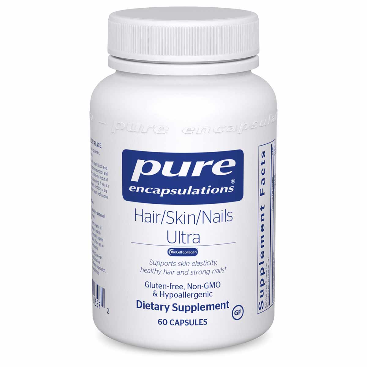 White supplement bottle with blue Pure Encapsulations logo containing 60 capsules of Hair/Skin/Nails Ultra dietary supplement