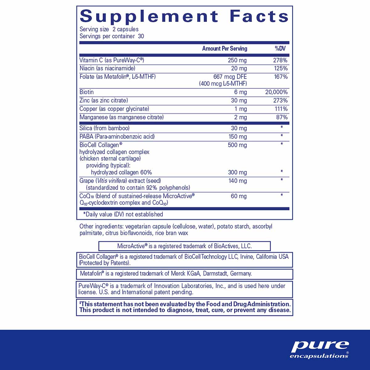 Supplement Facts label for Hair/Skin/Nails Ultra showing vitamins, minerals, and botanical ingredients per serving.