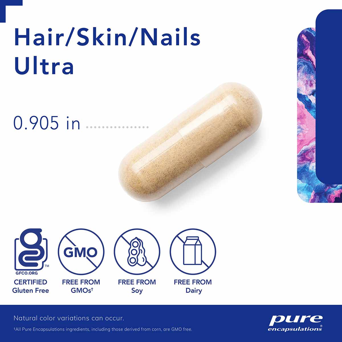 Beige capsule supplement with product name and certification badges for gluten-free, non-GMO, soy-free, and dairy-free.