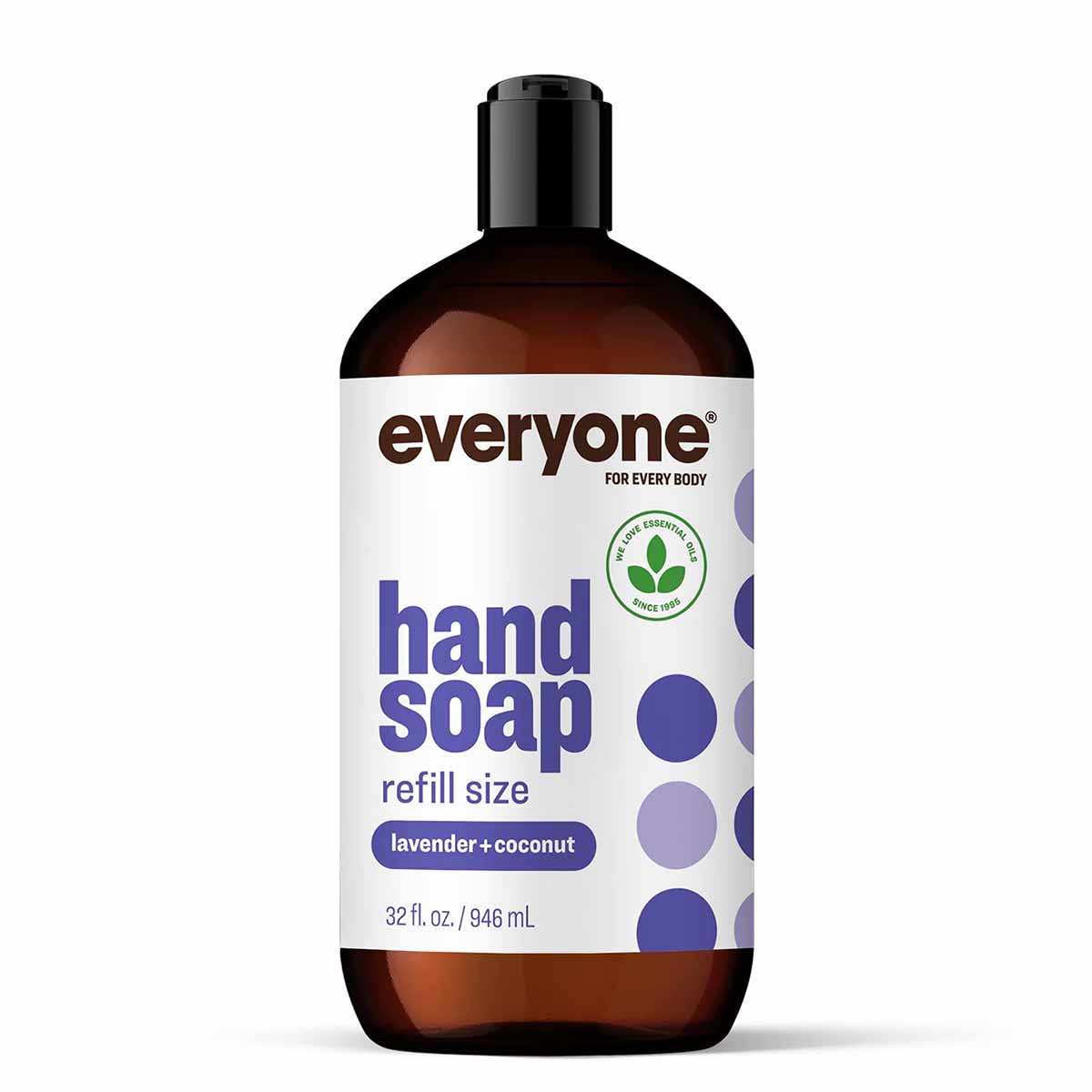 Dark brown glass bottle with black pump top, white label reading "everyone hand soap refill size lavender + coconut," 32 fl. 