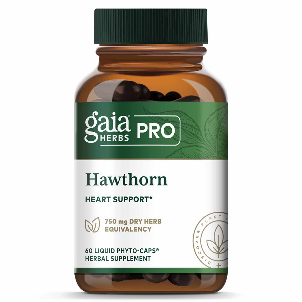 Gaia Herbs Pro Hawthorn supplement bottle with green label and dark liquid capsules inside.