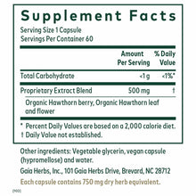 Supplement Facts label for Hawthorn 60 Liquid Phyto Caps by Gaia Herbs showing serving size, ingredients, and nutritional inf