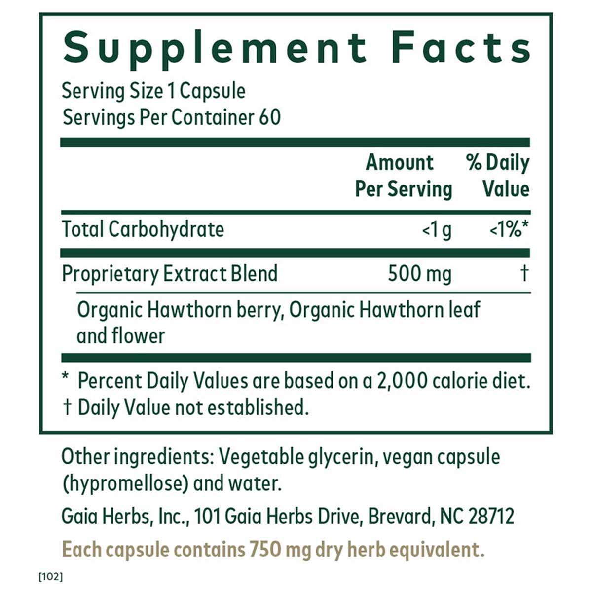 Supplement Facts label for Hawthorn 60 Liquid Phyto Caps by Gaia Herbs showing serving size, ingredients, and nutritional inf