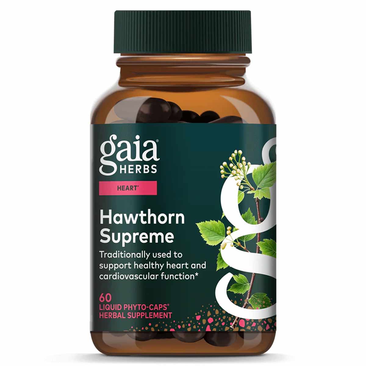 Amber glass bottle of Gaia Herbs Hawthorn Supreme with green cap containing dark liquid phyto-capsules.