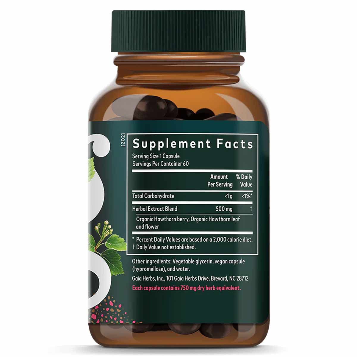 Amber glass bottle with dark green cap containing dark capsules, labeled Hawthorn Supreme by Gaia Herbs with supplement facts