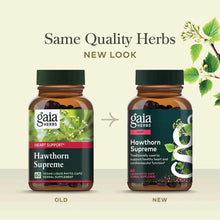 Two Gaia Herbs Hawthorn Supreme bottles side by side, showing old and new label designs with dark green caps.