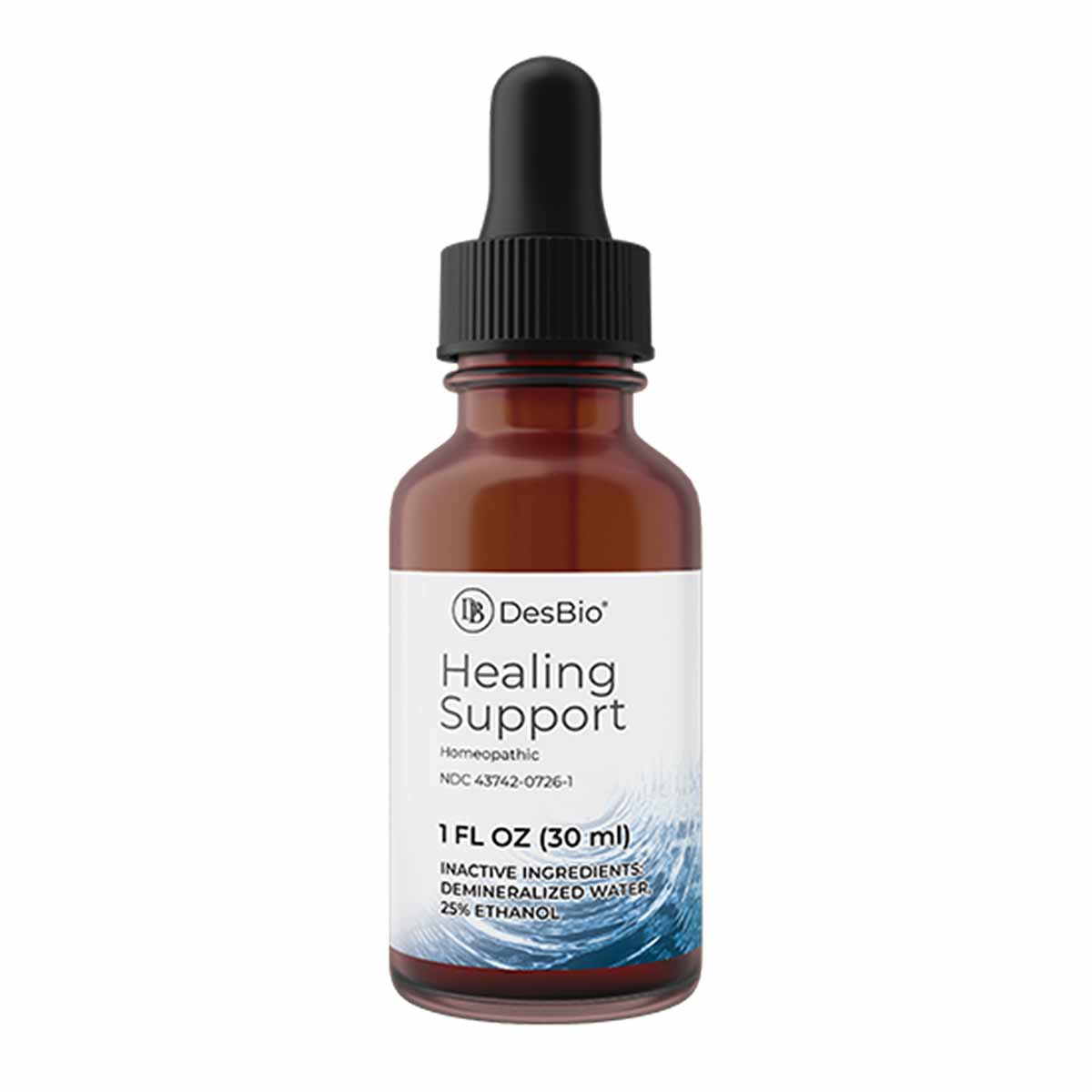 DesBio Healing Support 1 fl oz amber glass bottle with black dropper cap and product label.