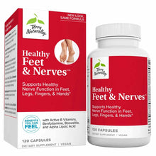 Terry Naturally Healthy Feet & Nerves supplement bottle and red box containing 120 vegan capsules.