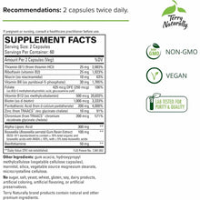 Supplement facts label for Healthy Feet & Nerves capsules showing ingredients including B vitamins, biotin, alpha lipoic acid